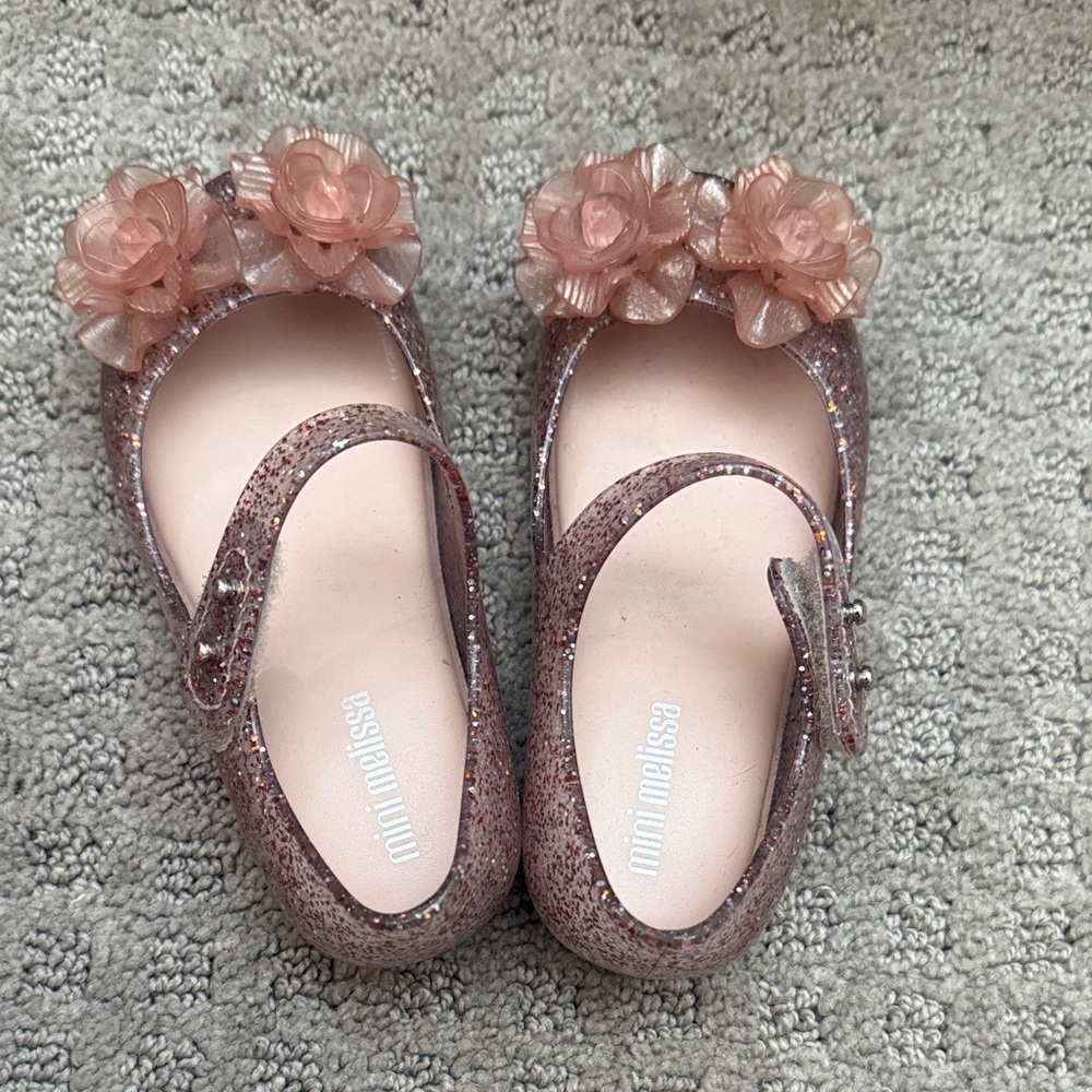 Mini Melissa Pink Glitter Floral Mary Jane Shoes